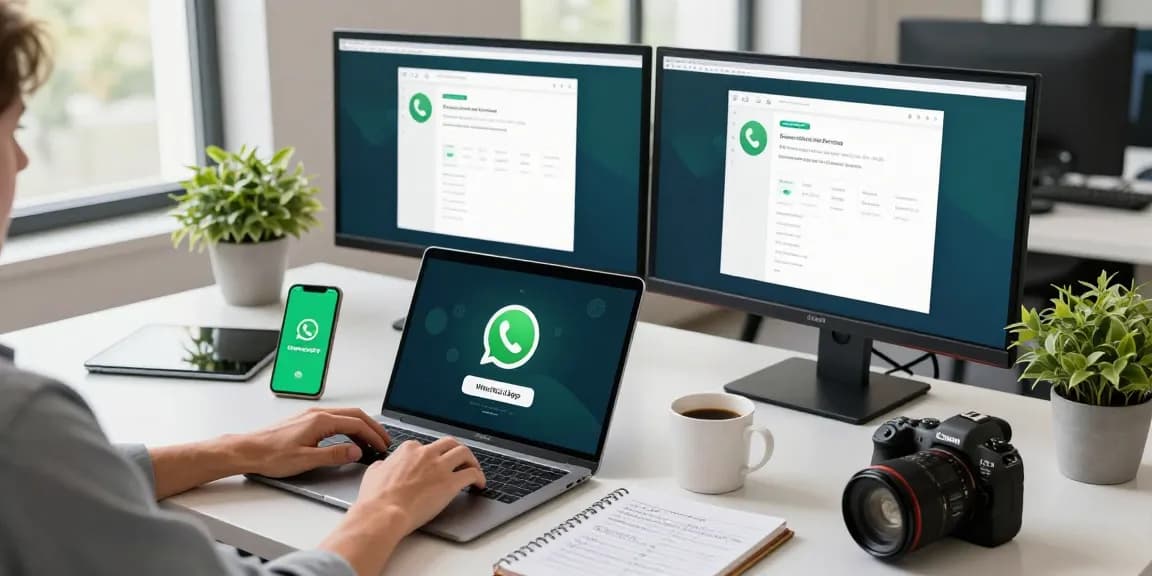 Person downloading WhatsApp下載 on a laptop in a modern tech workspace.