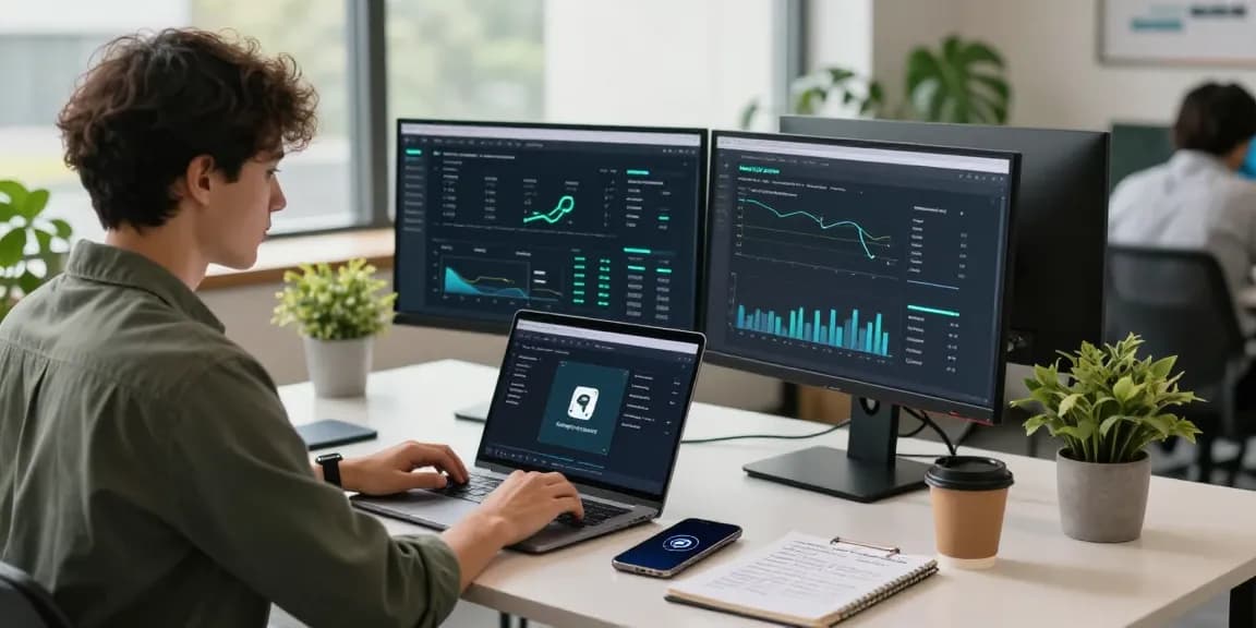 Innovative workspace showcasing bungeeexchange in action with crypto transactions on monitors and a professional engaged in cross-chain activities.