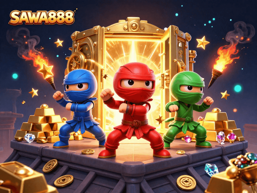 Experience thrilling gameplay with SAWA888 featuring a dynamic team of cartoon ninja chameleons amid dazzling treasures.