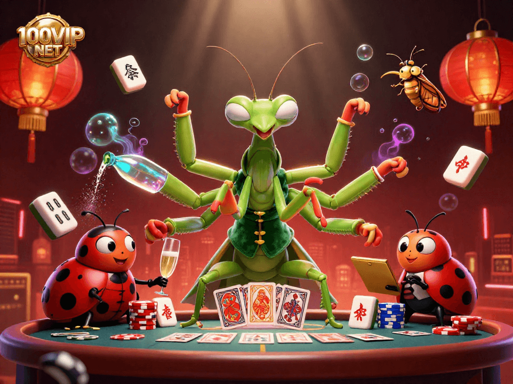 Experience the excitement of 100VIP NET with an engaging casino scene featuring a giant mantis card sharp and ladybug pit boss.