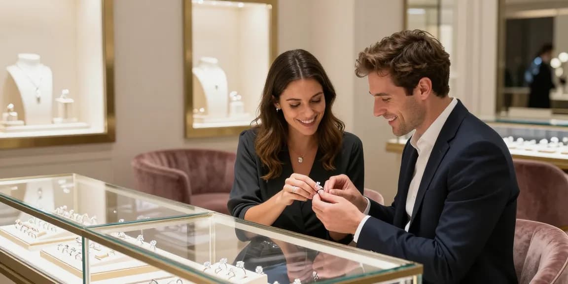 Buy engagement ring on finance in a luxurious jewelry store with a couple selecting from exquisite diamond rings.
