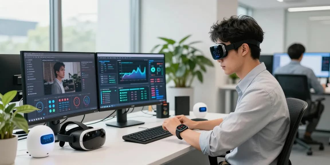 Young professional using AI wearables in a modern tech workspace, showcasing productivity and innovation.