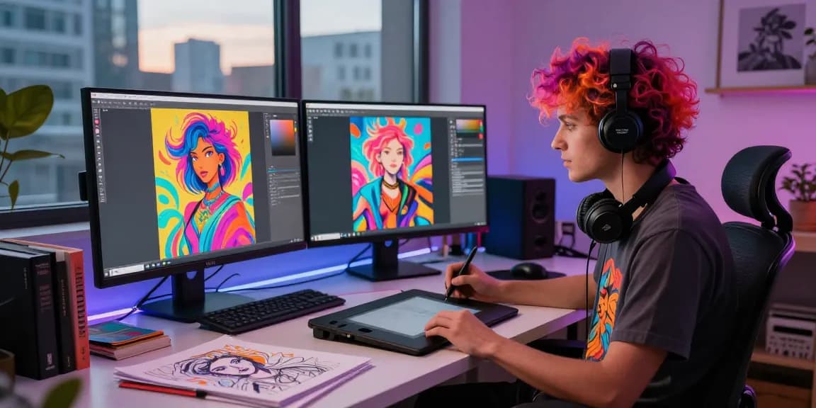 Artist using AI tools to create NSFW digital art in a vibrant home office.