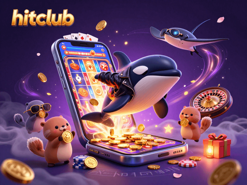 Hitclub's vibrant casino scene with animated characters and slot game excitement, showcasing lucky moments.