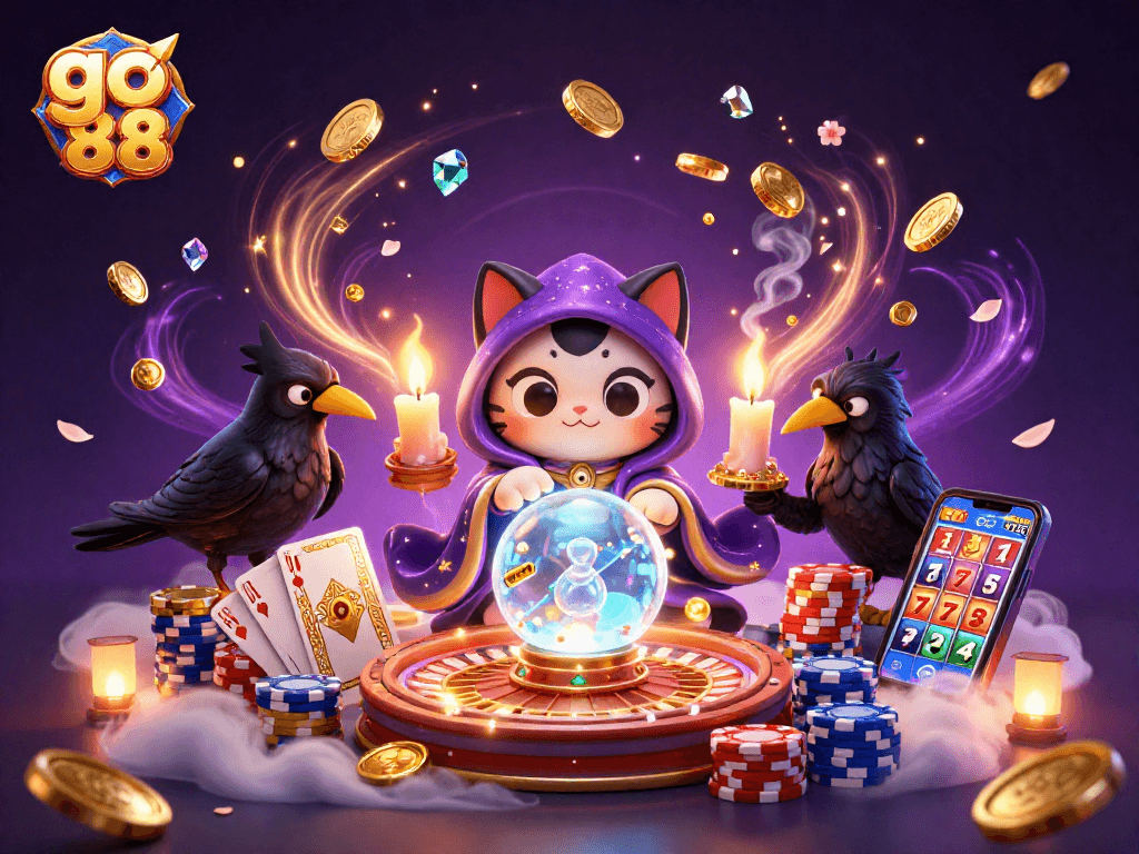 Join the exciting world of go 88 with a magical illustration of mystical characters and casino elements.