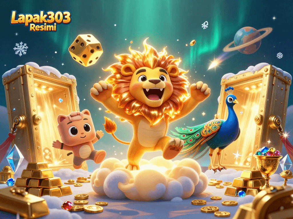 Experience the thrill of Lapak303 Resmi through vibrant casino-themed art featuring dynamic characters and golden treasures.