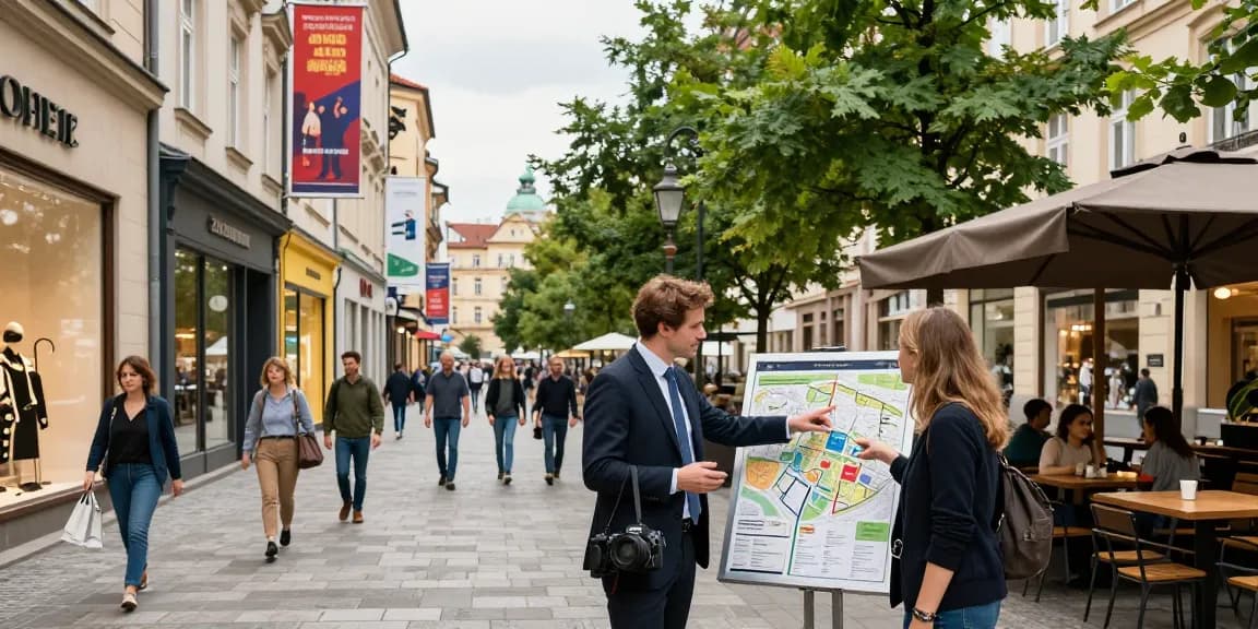 Engaging retail scene showcasing retail space in Prague with professionals discussing leasing opportunities.