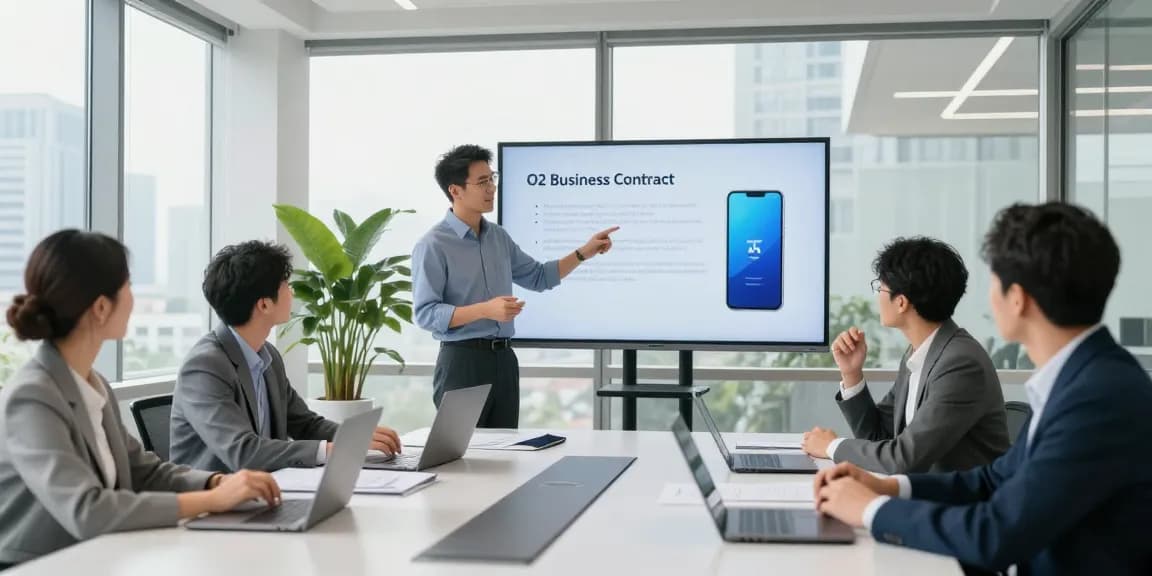 Discussing O2 business contract phones in a modern office setting.