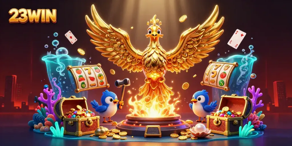 Experience the magic of winning at 23WIN with a vibrant phoenix and slot games.