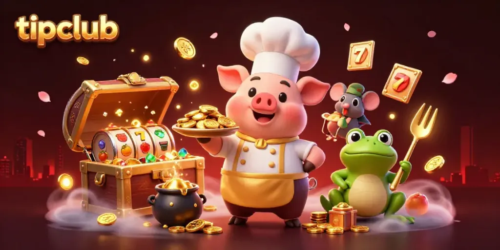 Engage with tipclub's vibrant casino scene featuring a chef pig, gourmet gold coins, and rich slots elements.
