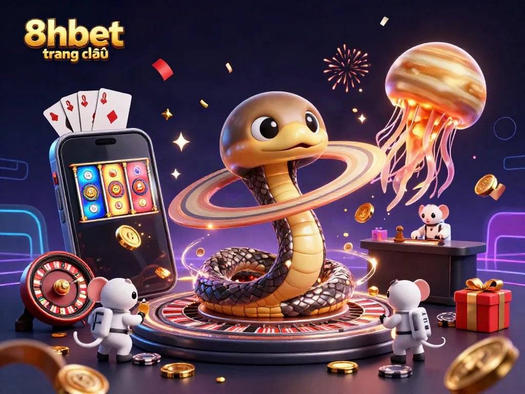 Engage with the excitement of 8xbet trang chủ as players place bets on a cosmic roulette wheel in this vibrant casino scene.