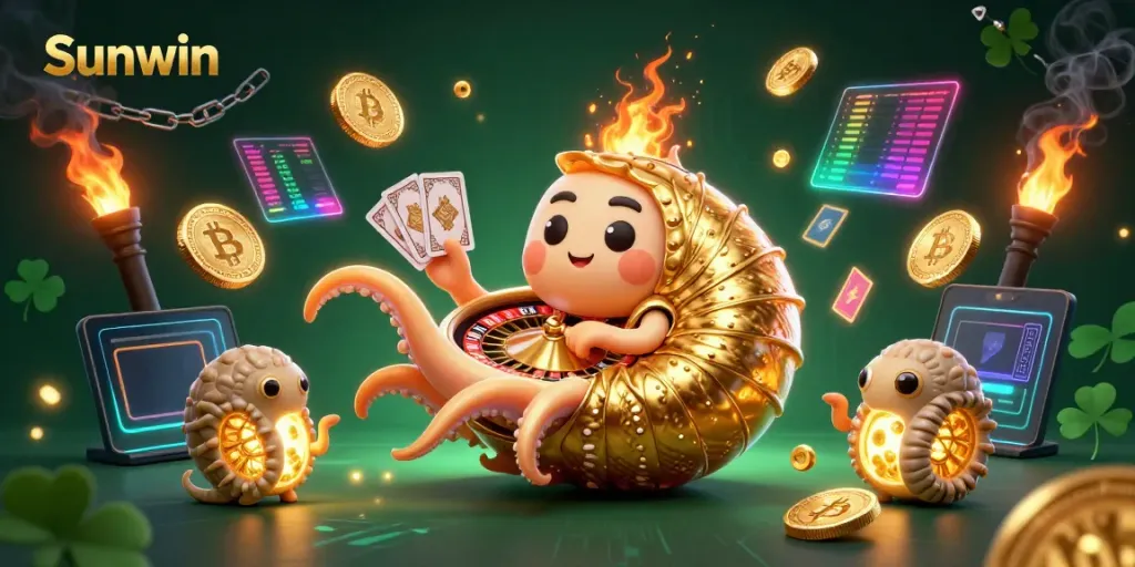 Experience the thrill of Sunwin with a vibrant casino scene featuring a giant roulette nautilus.