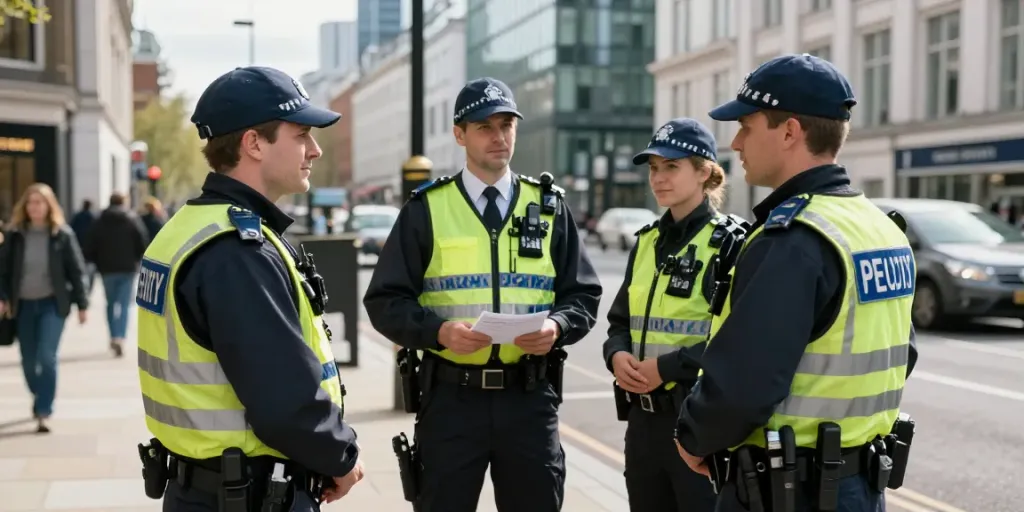"Security personnel in London ensuring safety in a busy urban setting."