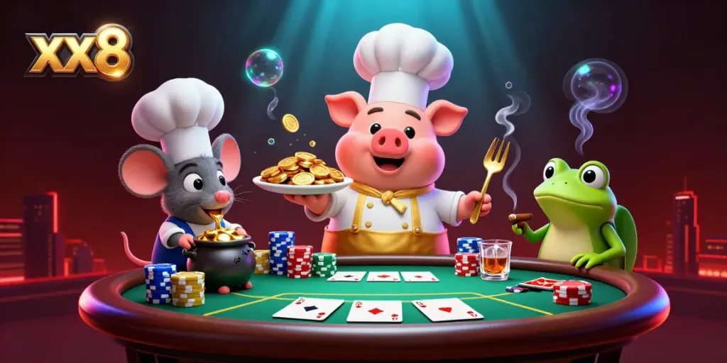Chef pig serves gold coins in a vibrant casino scene showcasing xx8 gambling action.