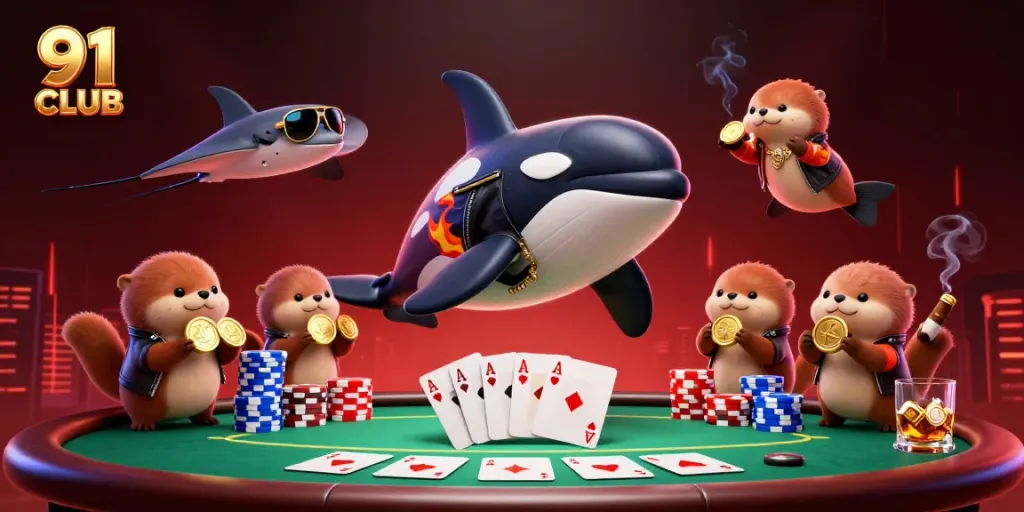 Experience the thrilling action of 91 CLUB with a vibrant casino scene featuring colorful poker chips and playful sea creatures.