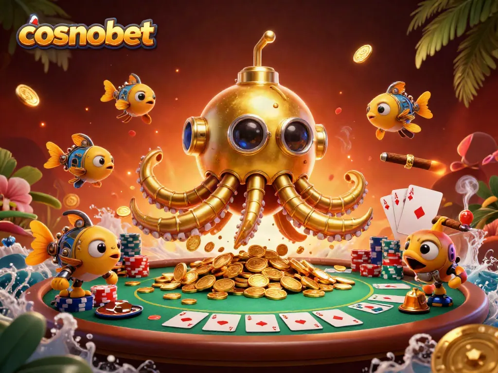 Engage with the vibrant world of Cosmobet, featuring thrilling casino elements and a unique kraken-inspired design.