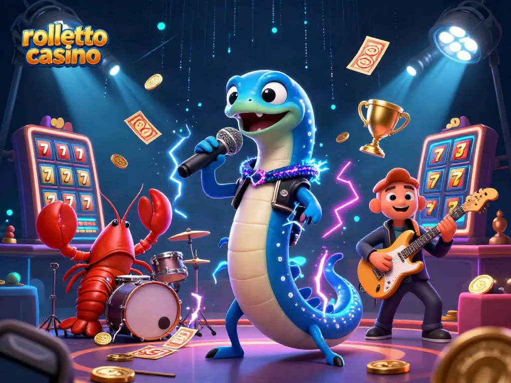 Experience immersive fun at Rolletto Casino with dynamic slots, electric performances, and vibrant casino scenes.