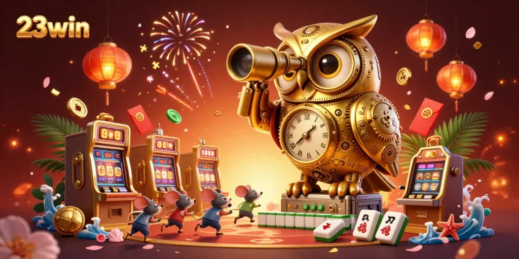 Experience the excitement of 23win with a golden owl surveying a bustling casino floor.