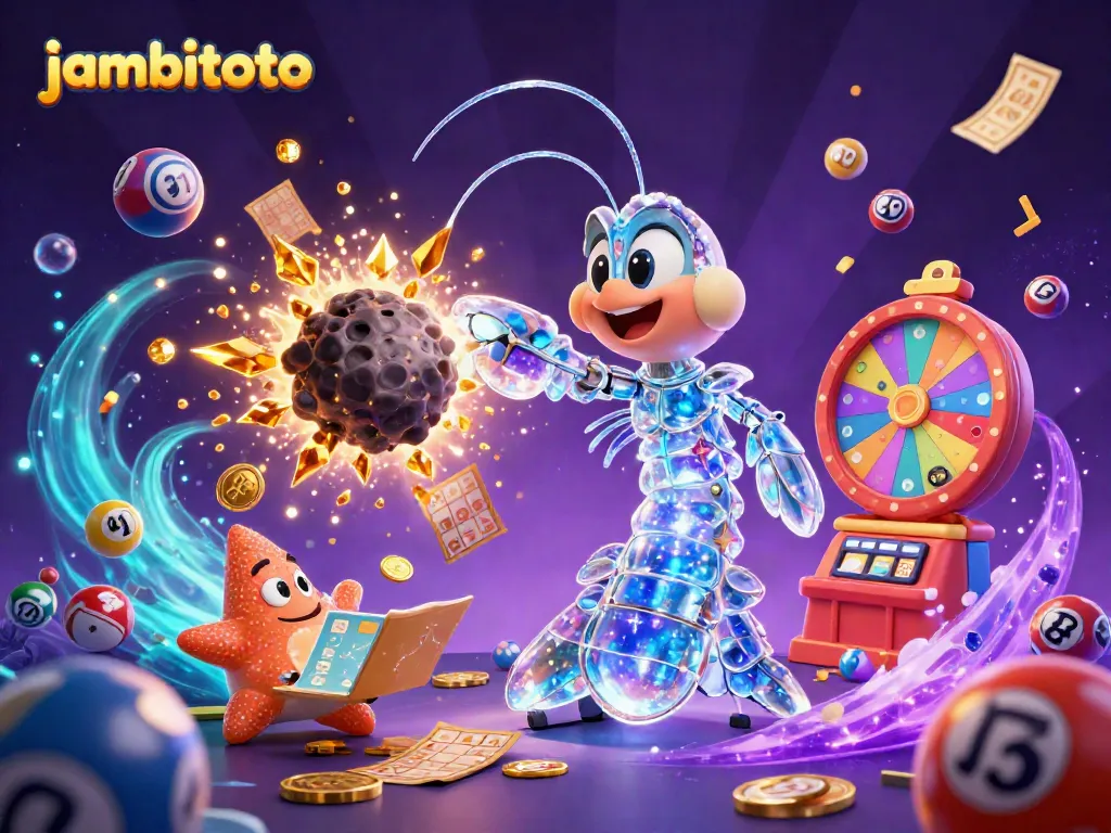 Engage in thrilling lottery action with jambitoto featuring vibrant balls, golden prizes, and cosmic visuals.