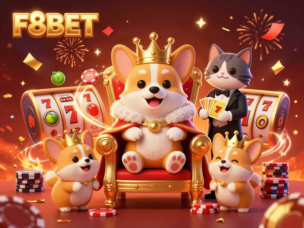 Engage with F8BET in a festive 3D casino scene featuring a royal corgi and vibrant gaming elements.