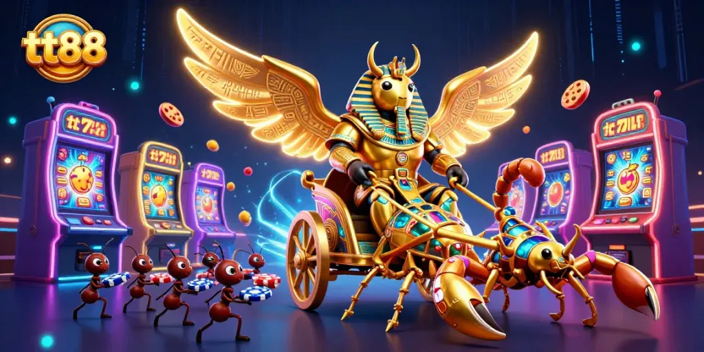 Experience thrilling gaming at tt88 with a colossal golden scarab beetle and exciting slot game elements.