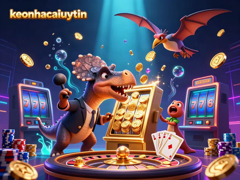 keonhacaiuytinn features a dinosaur-themed casino scene with coins flying and a jackpot
