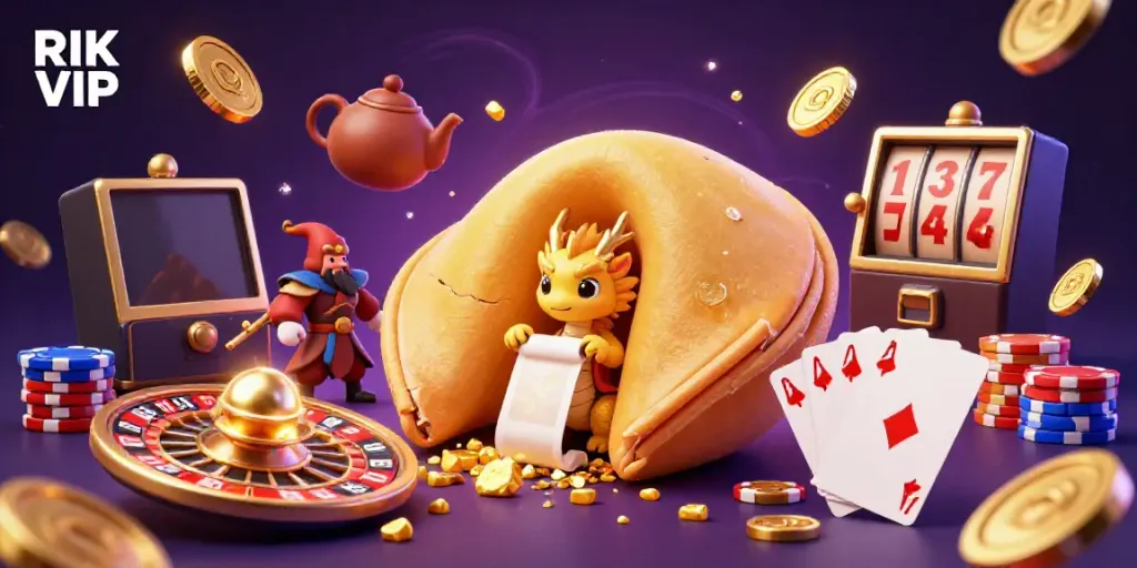 Engage with RIK VIP's vibrant casino scene filled with animated fortune cookies and golden rewards.