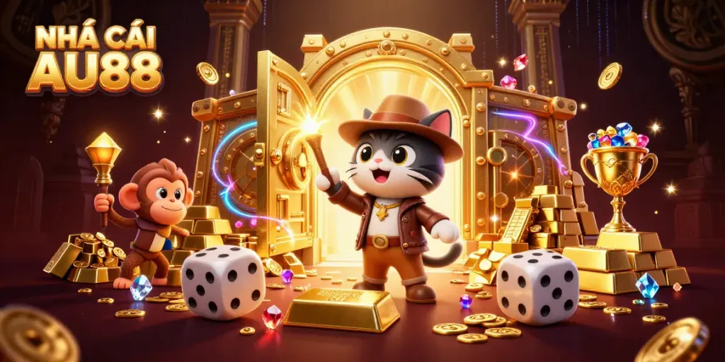 Engaging scene featuring NHÀ CÁI AU88 with an explorer cat discovering casino treasure in a temple setting.