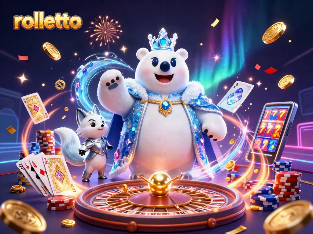 Experience rolletto's vibrant casino world with the ice polar bear and snow fox amidst dynamic gaming elements.