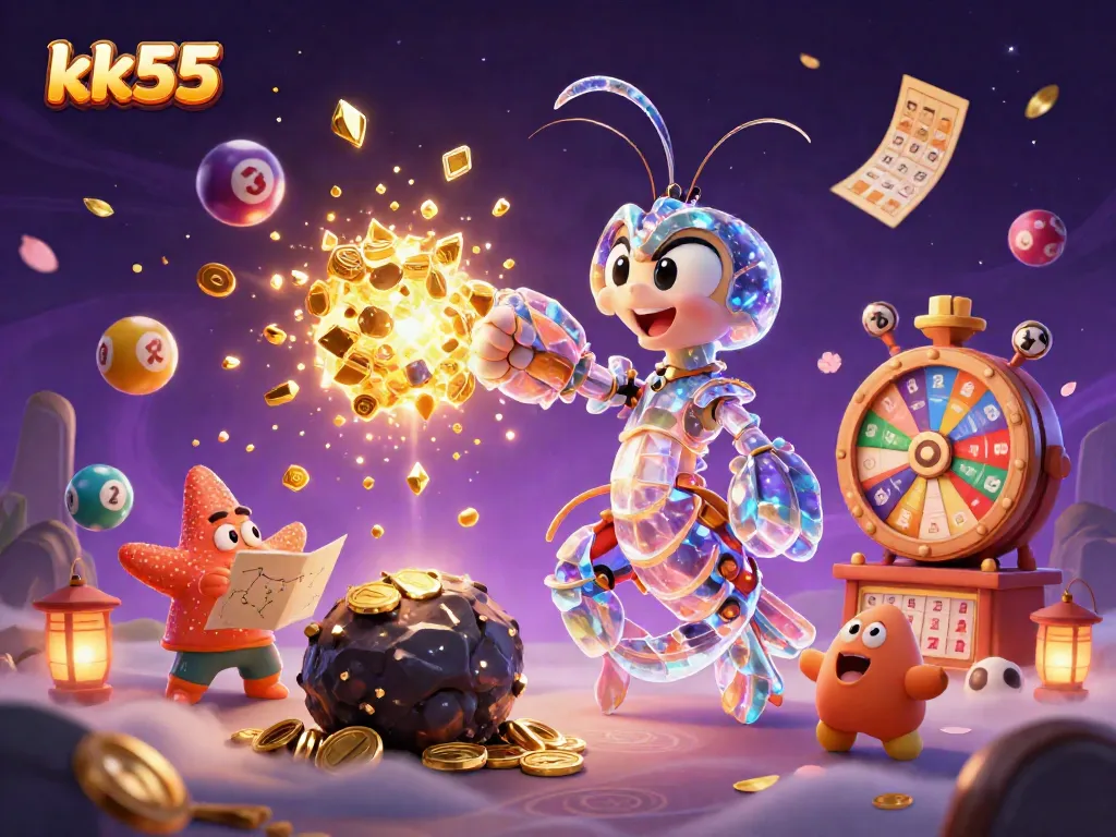 Experience the thrill of kk55 online gambling with dynamic 3D characters and vibrant casino elements surrounding them.