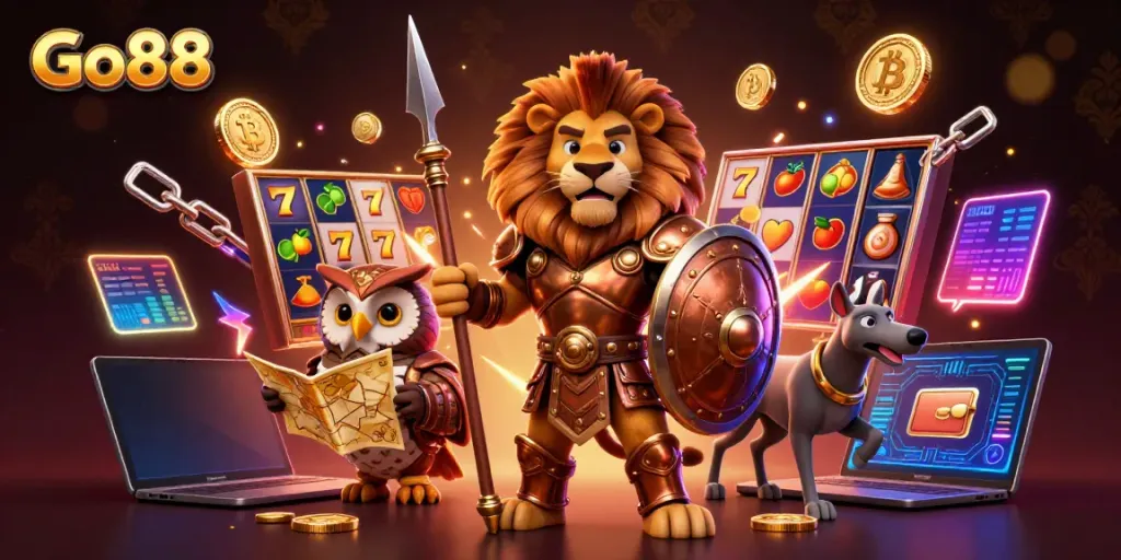 Engage in thrilling gameplay with Go88, featuring vibrant slot reels, a Spartan lion hero, and dynamic crypto elements.