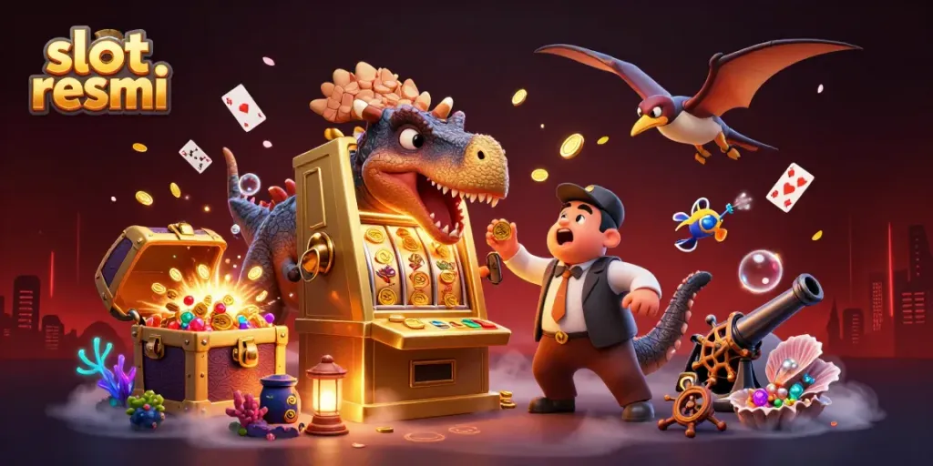 Experience thrilling jackpots at slot resmi with vibrant 3D dinosaurs and a golden machine.