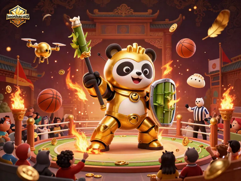 Engage with keonhacai55's vibrant sports betting arena featuring a golden panda in a mech-suit.