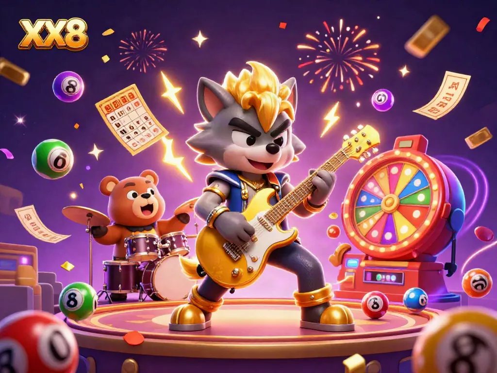 Experience excitement at XX8 casino with a dynamic scene featuring a rock star wolf and vibrant game elements.