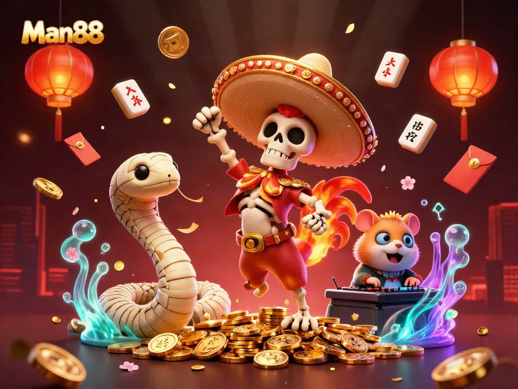 Man88 showcases a lively casino scene with a mariachi rooster, mummy snake, and DJ hamster, celebrating with golden coins and festive game elements.