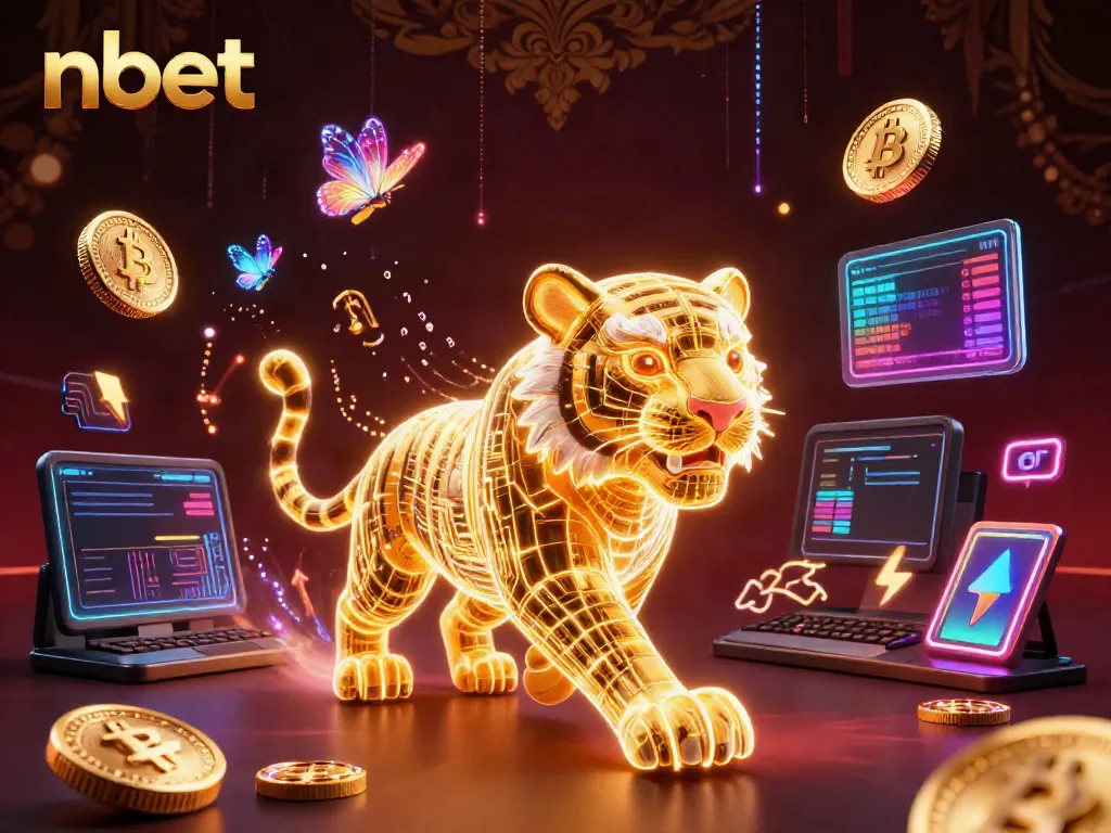 Experience the vibrant energy of nbet with a neon tiger and cryptocurrency elements in a digital casino.