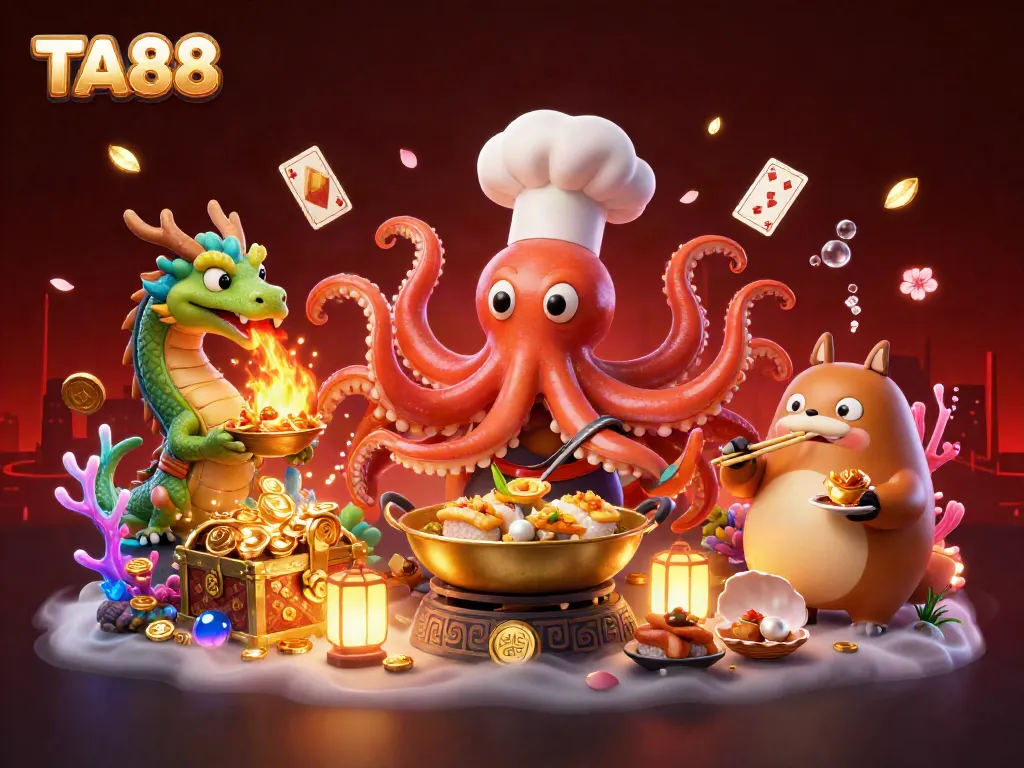 TA88 showcases a lively casino scene, featuring an octopus chef, dragon, and tanuki amidst treasures and gambling elements.