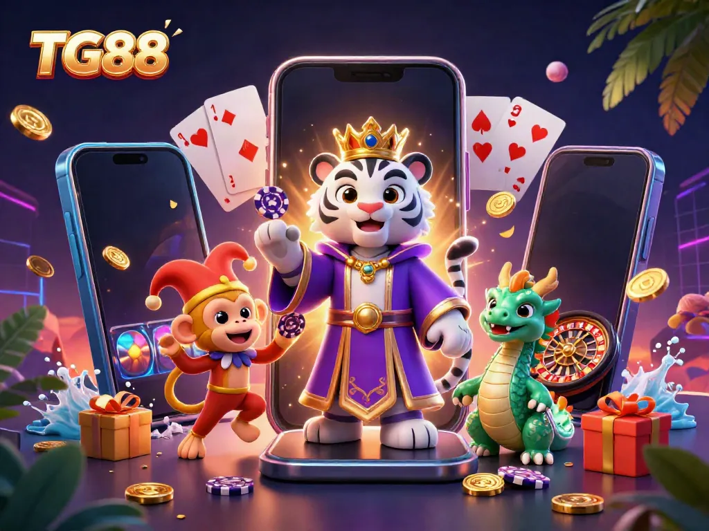 Engaging TG88-themed casino scene showcasing vibrant gaming elements and lively characters.