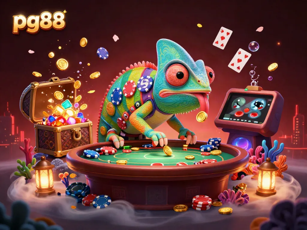 Experience the excitement at pg88 with a vibrant 3D casino scene featuring a chameleon and dazzling game elements.