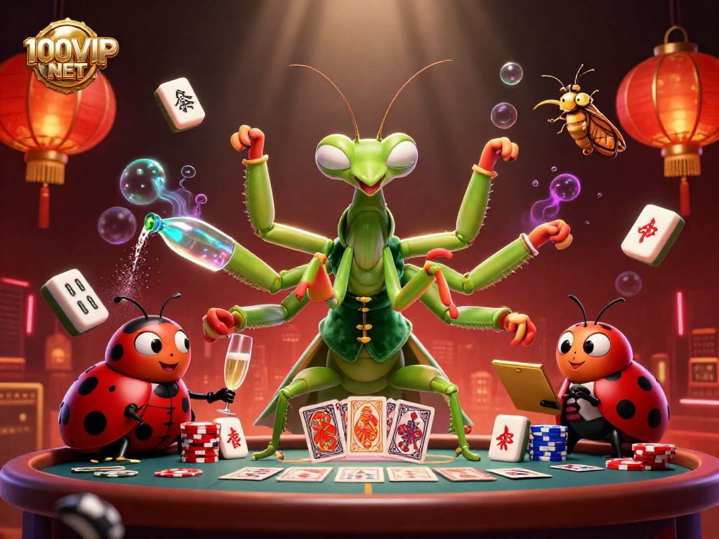 Experience the excitement of 100VIP NET with an engaging casino scene featuring a giant mantis card sharp and ladybug pit boss.