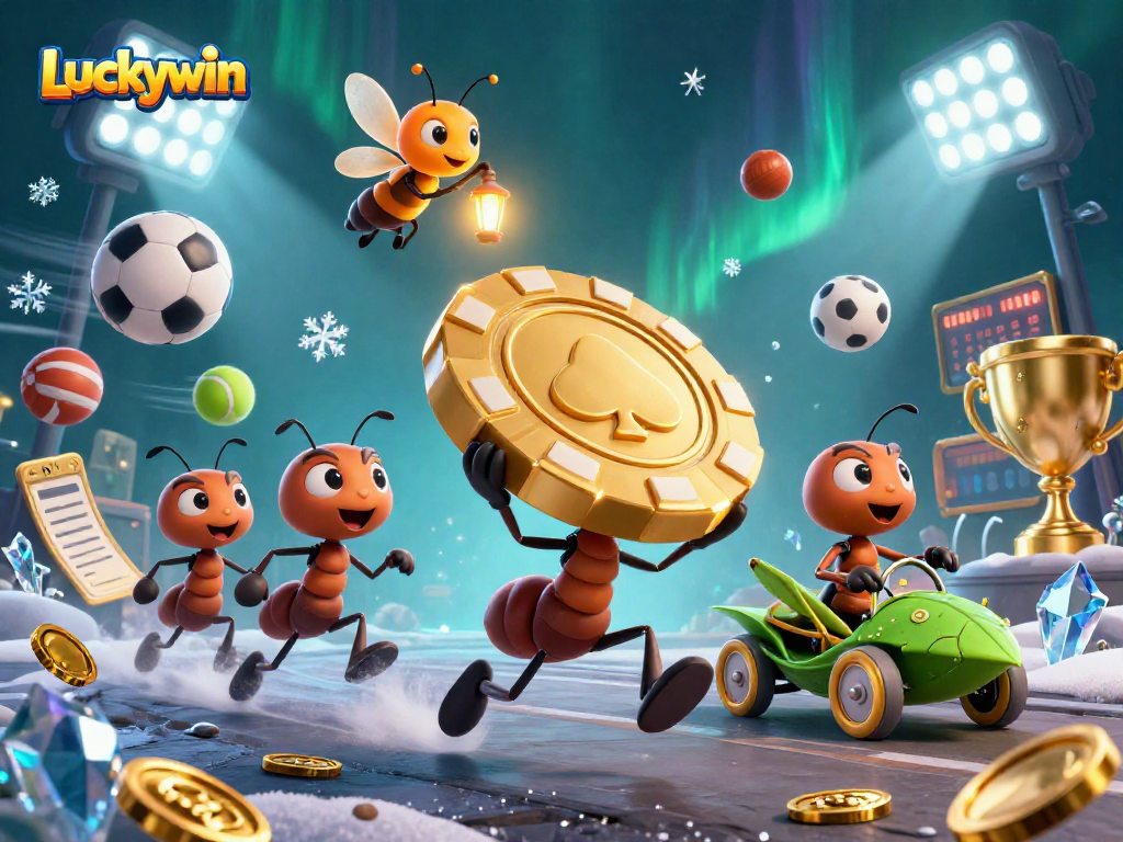 Luckywin ants heisting a giant poker chip amidst dynamic sports elements in a vibrant casino scene.