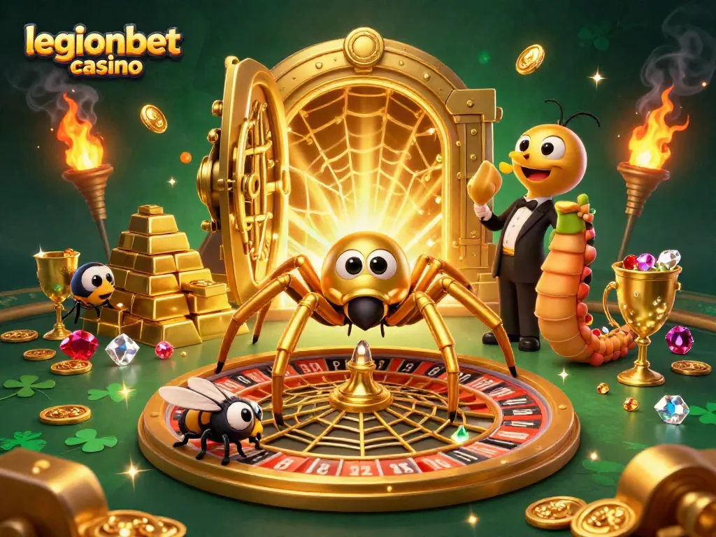 Engage in thrilling bets at legionbet casino as a golden spider weaves a winning roulette wheel web.