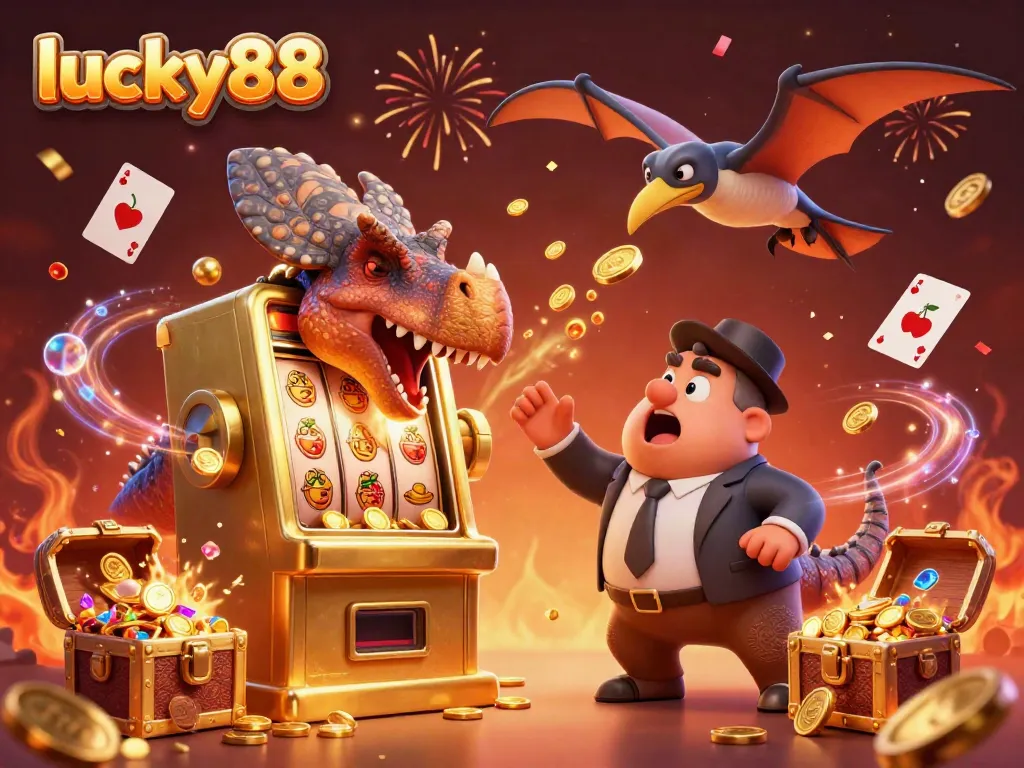 Experience lucky88 excitement as coins rain down from a jackpot slot machine in this lively casino scene.