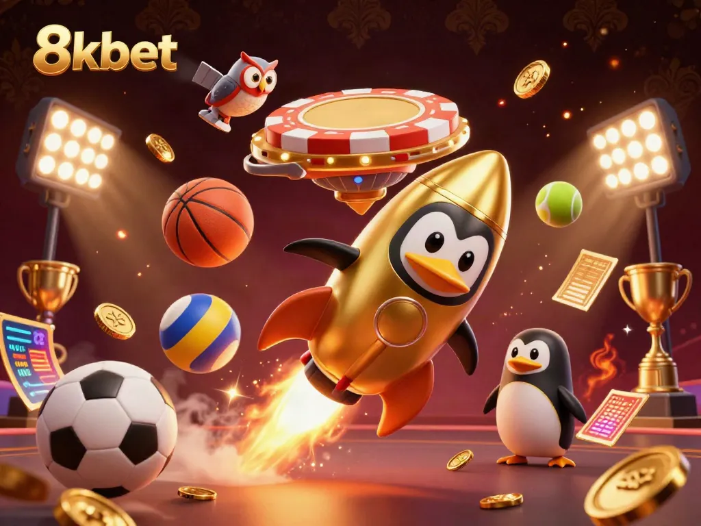 Win big with 8xbet as a golden penguin ventures through a dynamic casino space with sports elements.