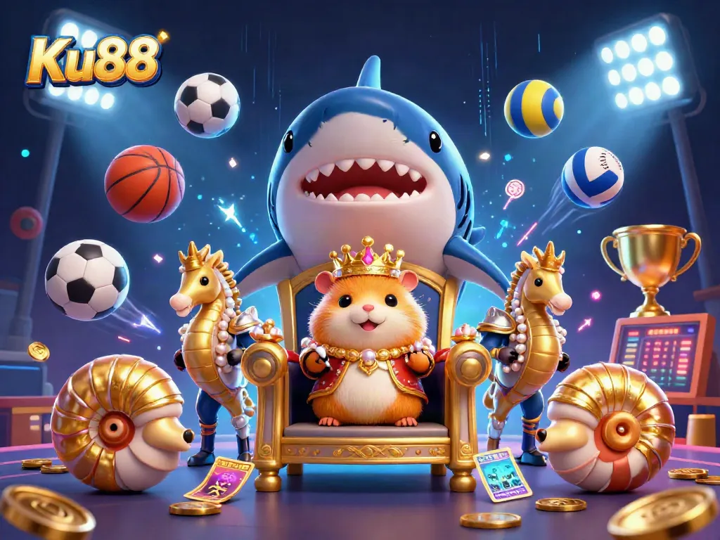 Ku88 offers exciting betting experiences with sports elements featuring a golden hamster king and royal seahorse guards.