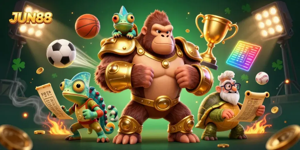 Engage in exciting gaming with JUN88's vibrant casino scene featuring a gorilla king, chameleon, and tortoise in action.