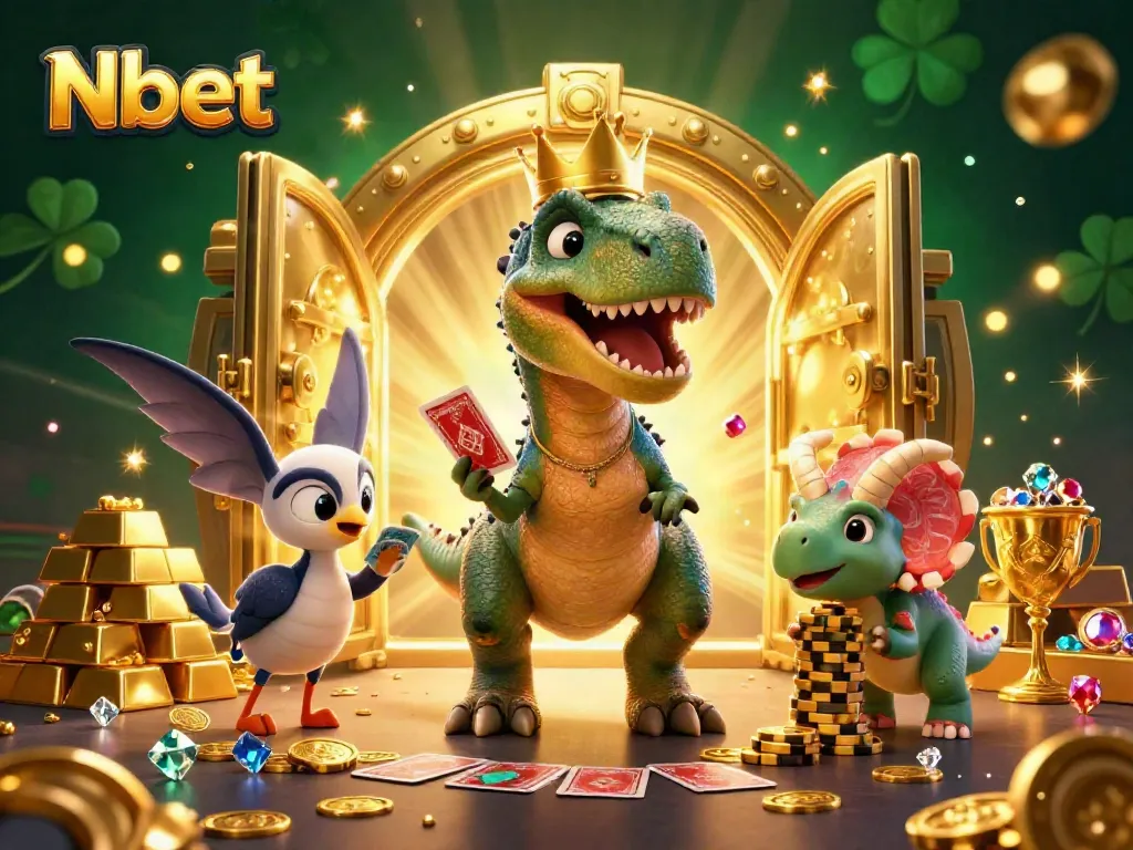 Experience fun with Nbet's casino games, featuring a T-Rex shuffling cards alongside a triceratops stacking chips.