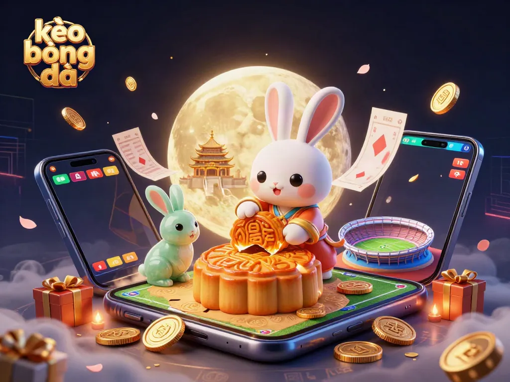 Engage in kèo bóng đá with a vibrant 3D scene showcasing the moon rabbit amidst a lively sports betting atmosphere.