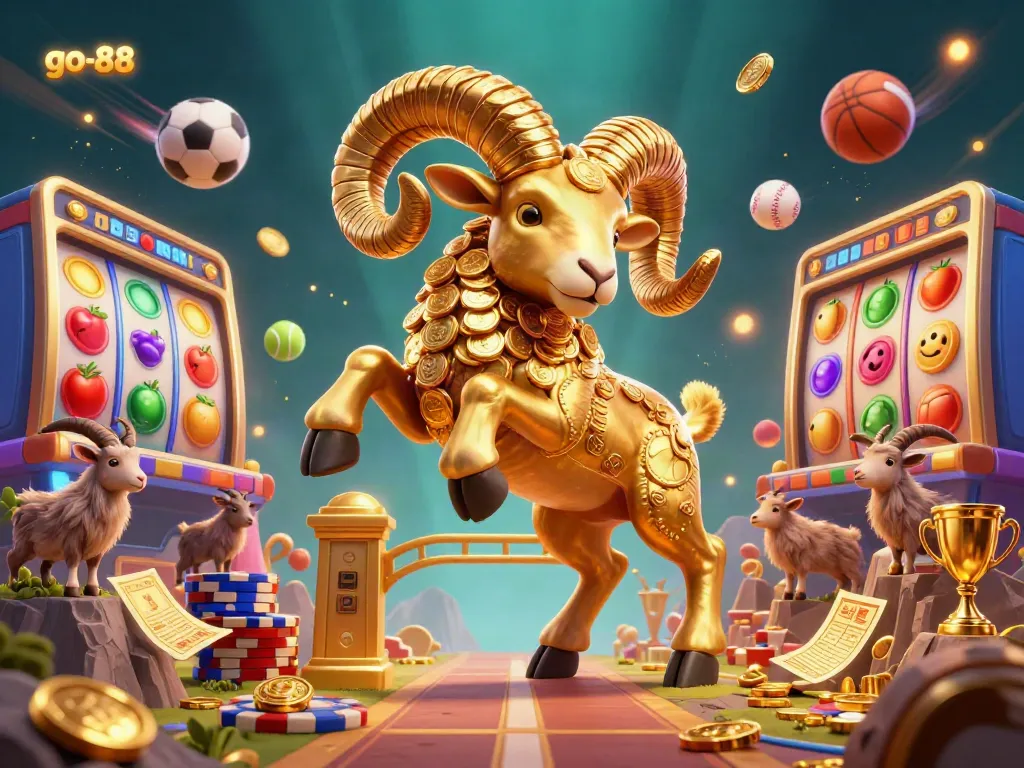 Engage with go-88 as the golden ram charges through a vibrant casino scene featuring slot reels and gold coins.