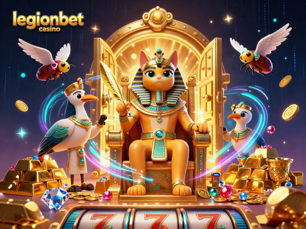 Experience the excitement of legionbet casino with vibrant characters and treasures in this detailed 3D illustration.